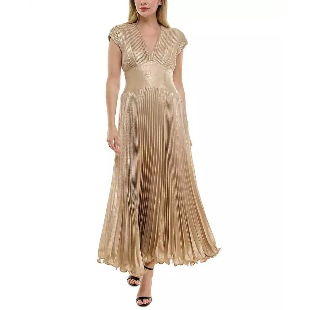 Taylor Metallic Pleated V-Neck Cap Sleeve Gown – Light Gold – Size 2 NWT